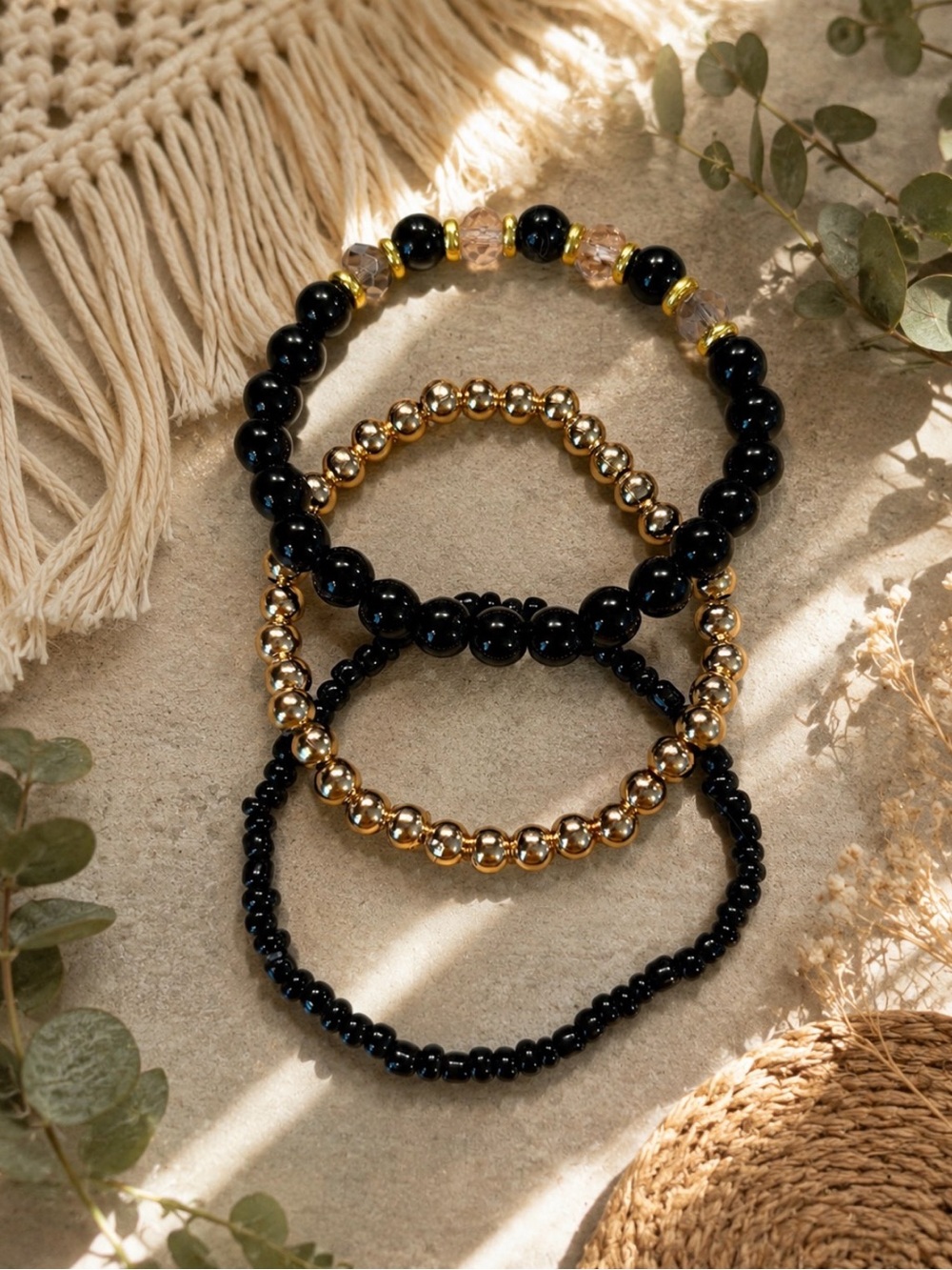 Set of 3 Handmade Black and Gold Glass Bead Stretch Bracelets